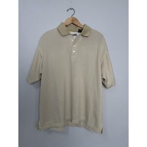 Mens PING Golf Polo Tee Short Sleeve Collared Shirt Tan & White Striped Large